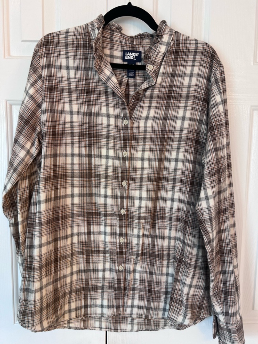 Lands' End Women’s Ruffle Brown Plaid Button-Up tunic